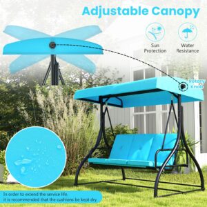 HAPPYGRILL 3 Seat Outdoor Porch Swing, 2-in-1 Swing Glider with Adjustable Canopy, Removable Cushions, Foot Pad, Curved handrails, Outdoor Swing for Patio Yard Garden Balcony Backyard, Turquoise