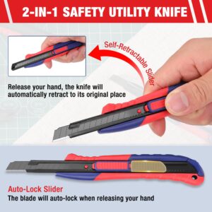 WORKPRO 2-In-1 Safety Utility Knife Retractable Snap-off blade, Metal Box Cutter Set, Razor Knife Exacto Craft Knives, with 10 Extra 9mm Blades, Pack of 3