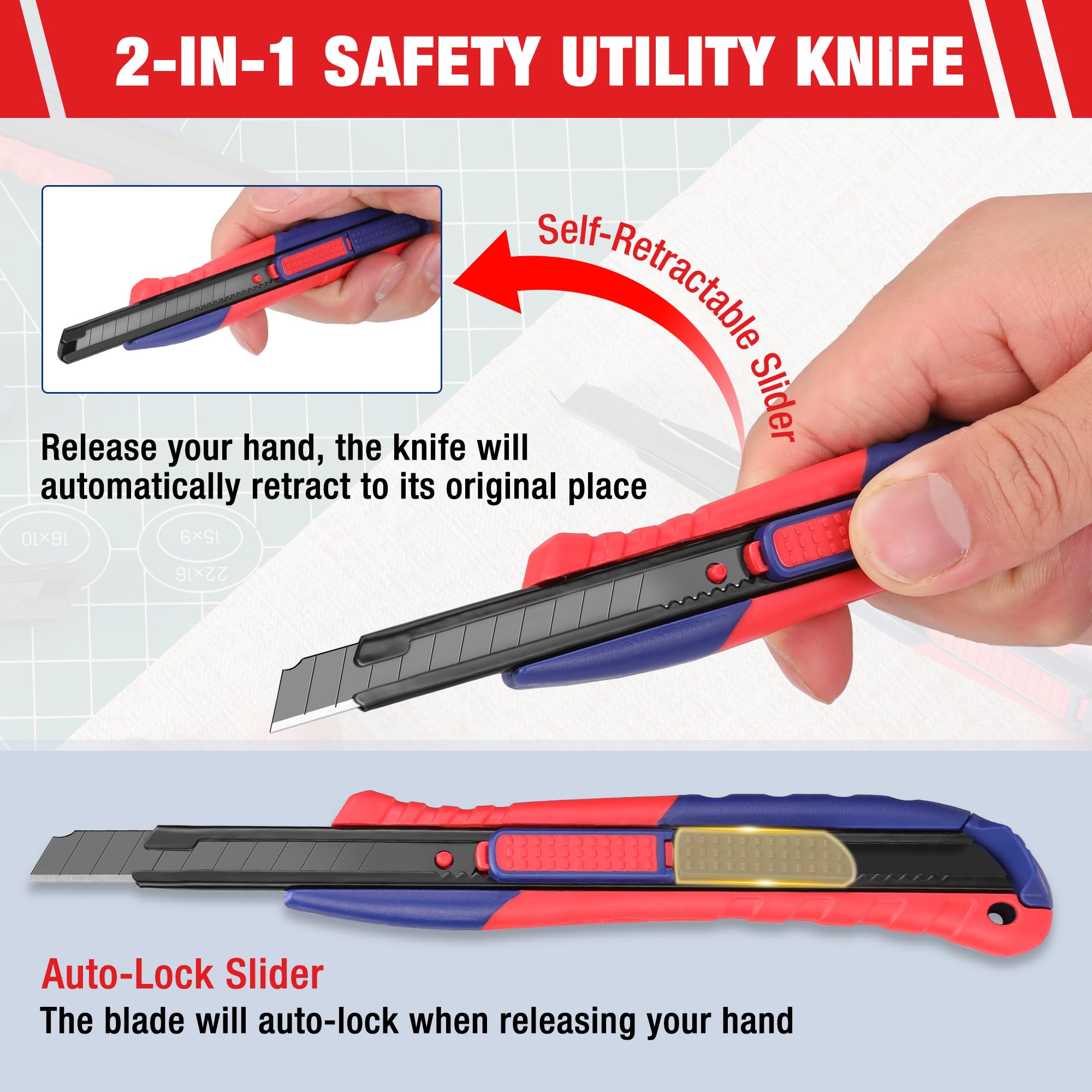 WORKPRO 2-In-1 Safety Utility Knife Retractable Snap-off blade, Metal Box Cutter Set, Razor Knife Exacto Craft Knives, with 10 Extra 9mm Blades, Pack of 3