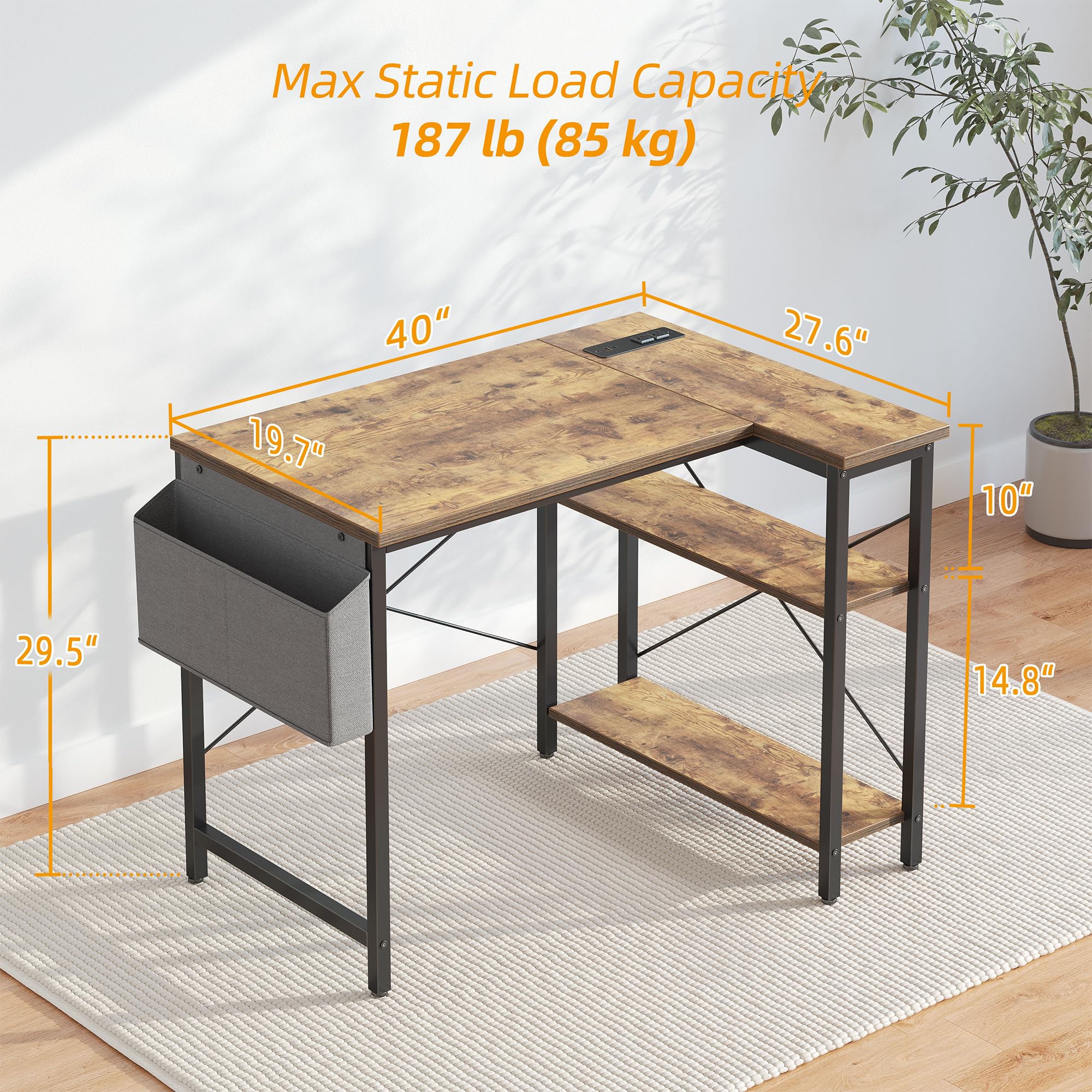 TIQLAB Small Computer Desk with Power Outlets, 40 Inch L Shaped Desk with Reversible Shelves, Gaming Desk Corner Desk Study Writing Desk for Home Office Bedroom Small Space, Rustic Brown