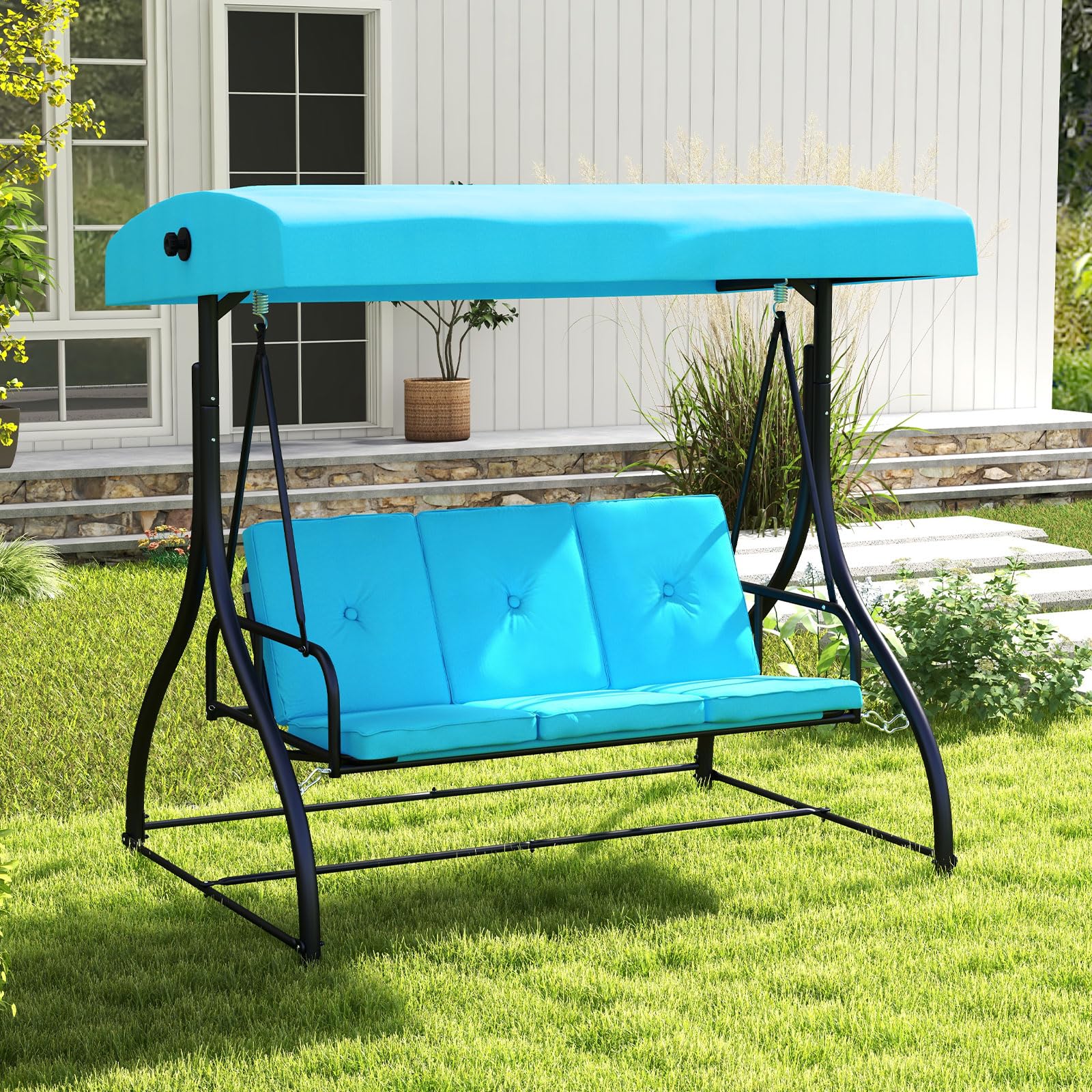 HAPPYGRILL 3 Seat Outdoor Porch Swing, 2-in-1 Swing Glider with Adjustable Canopy, Removable Cushions, Foot Pad, Curved handrails, Outdoor Swing for Patio Yard Garden Balcony Backyard, Turquoise