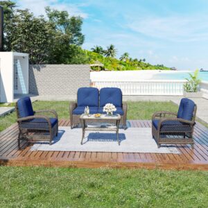 Gardenbee Rattan Patio Furniture Set 4-Piece Wicker Outdoor Furniture Conversational Set with 1 Three-Seat Sofa, 2 Chairs, 1 Coffee Table - Outdoor Wicker Furniture Set with Cushions(Brown/Blue)