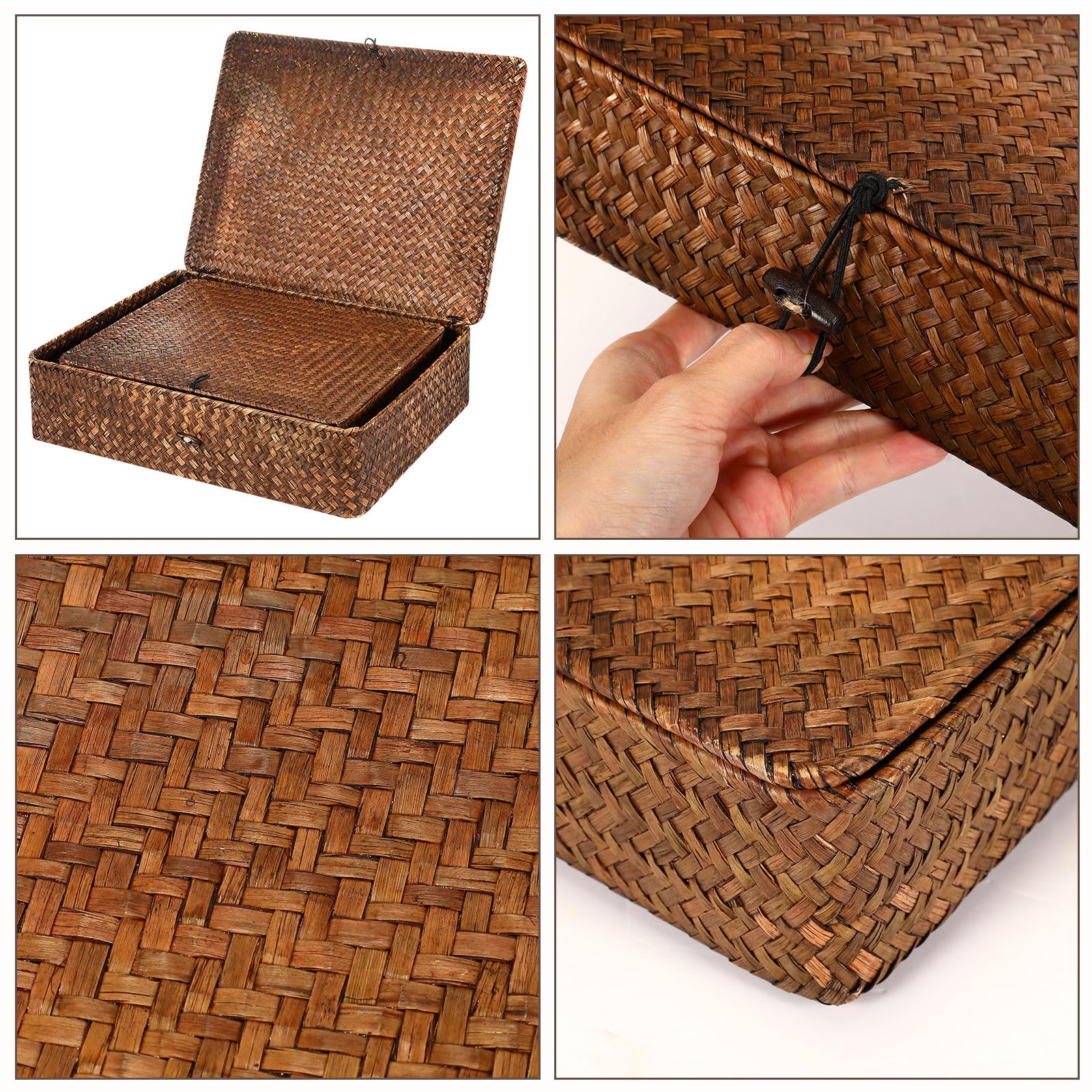 Beeveer 6 Pcs Seagrass Storage Baskets with Lid Large Wicker Decorative Storage Baskets Stackable Boxes Woven Rectangular Rattan Storage Bins Shelf Baskets Organizer for Closet Bedroom, Coffee