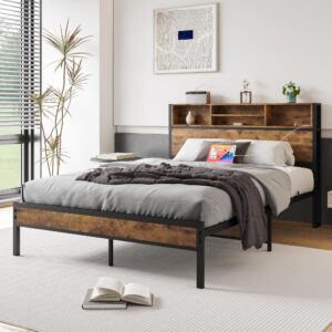 Crocofair Bed Frame Full Size with Bookcase Headboard/USB Charging Station,Metal Platform Bed, Mattress Foundation,No Box Spring Needed,Noise-Free,Black & Rustic Brown