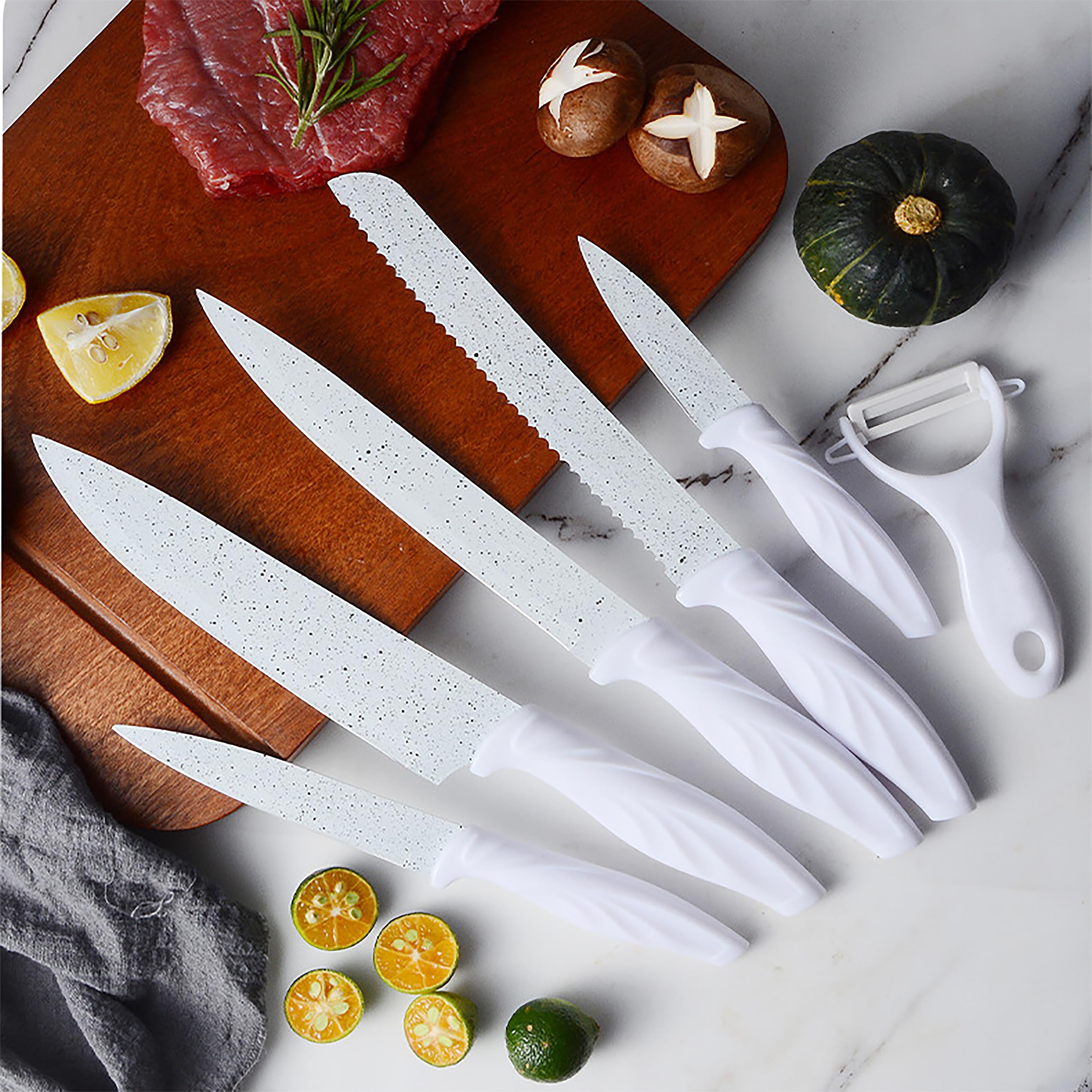 BRILENS Knife Set of 6, Ultra Sharp Stainless Steel Blades, Kitchen Knife Set with Nonstick Granite Coating and Easy-Grip Handle, Dishwasher-safe, White