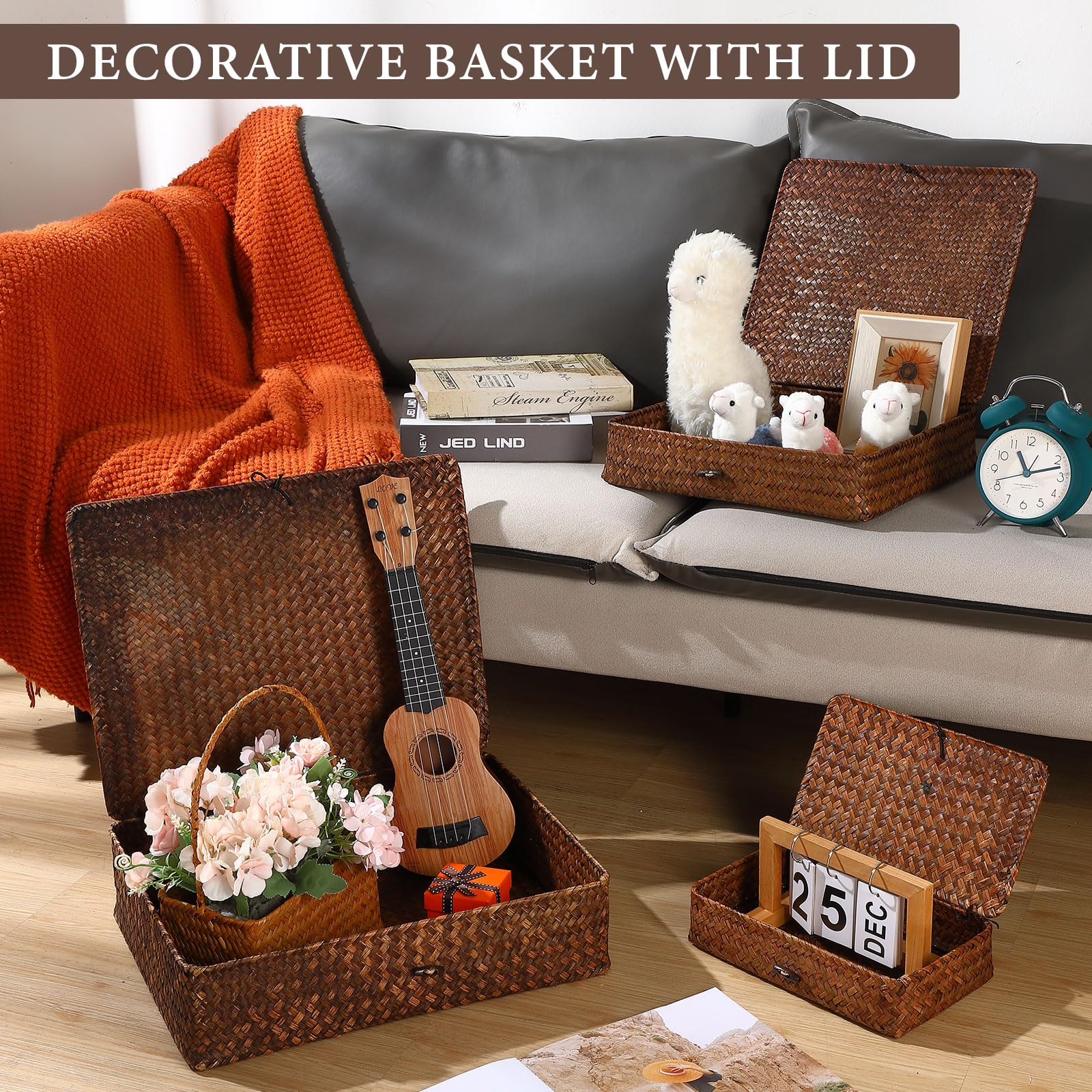 Beeveer 6 Pcs Seagrass Storage Baskets with Lid Large Wicker Decorative Storage Baskets Stackable Boxes Woven Rectangular Rattan Storage Bins Shelf Baskets Organizer for Closet Bedroom, Coffee