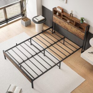 Crocofair Bed Frame Full Size with Bookcase Headboard/USB Charging Station,Metal Platform Bed, Mattress Foundation,No Box Spring Needed,Noise-Free,Black & Rustic Brown