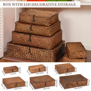 Beeveer 6 Pcs Seagrass Storage Baskets with Lid Large Wicker Decorative Storage Baskets Stackable Boxes Woven Rectangular Rattan Storage Bins Shelf Baskets Organizer for Closet Bedroom, Coffee