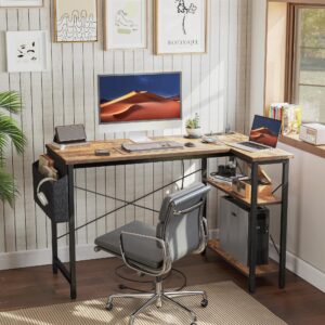 TIQLAB Small Computer Desk with Power Outlets, 40 Inch L Shaped Desk with Reversible Shelves, Gaming Desk Corner Desk Study Writing Desk for Home Office Bedroom Small Space, Rustic Brown