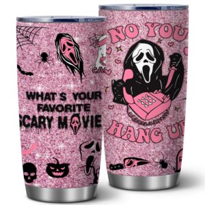 scream tumbler,scary movie halloween tumbler for women girls,ghostface tumbler spooky vibes 20 oz horror scary face theme decor insulated cup with lid,vacuum stainless steel coffee mug stemless cup