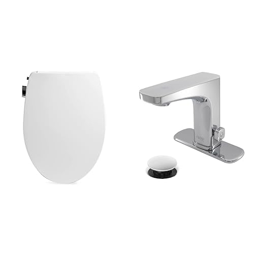 Bathroom Refresh Bundle Includes (1) Bio Bidet by Bemis Slim Zero Bidet Toilet Seat, Elongated, White and (2) Grove Motion Activated Hands Free Bathroom Faucets in Chrome Finish