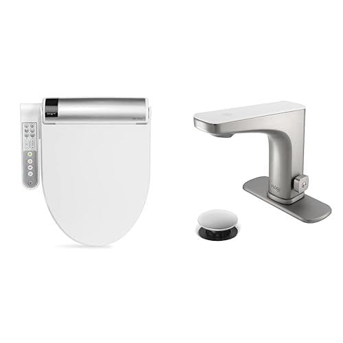 Bathroom Refresh Bundle Includes (1) Bio Bidet Bliss BB-1700 Round White Bidet Toilet Seat with Warm Water and (1) Grove Motion Activated Hands Free Bathroom Faucet in Brushed Nickel Finish