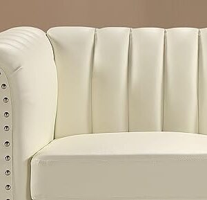 Container Furniture Direct Chesterfield-Inspired 77" Faux Leather Sofa with Elegant Design, Gourd Legs, and Sustainable Pleather Upholstery, 3 Seater Couch for Living Rooms and Offices, Cream White