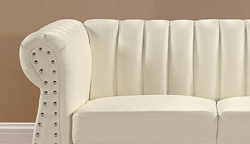 Container Furniture Direct Chesterfield-Inspired 77" Faux Leather Sofa with Elegant Design, Gourd Legs, and Sustainable Pleather Upholstery, 3 Seater Couch for Living Rooms and Offices, Cream White