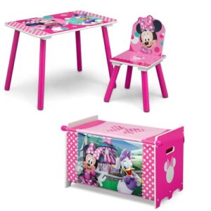 delta children disney minnie mouse 3-piece toddler playroom set– includes table, chair and toy box, pink