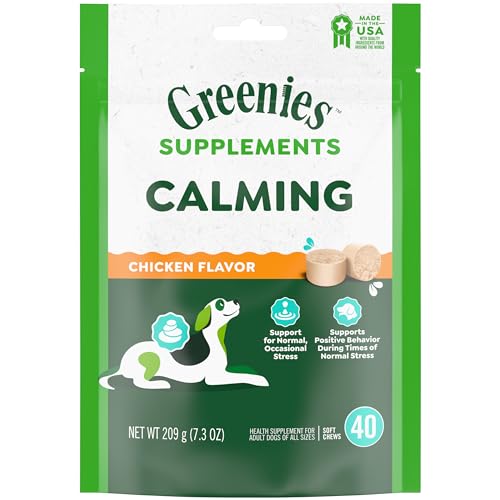 GREENIES Supplements Calming Chews for Dogs Chicken Flavor, 40 Count Soft Chews Dog Calming Supplements, 7.3 oz. Container