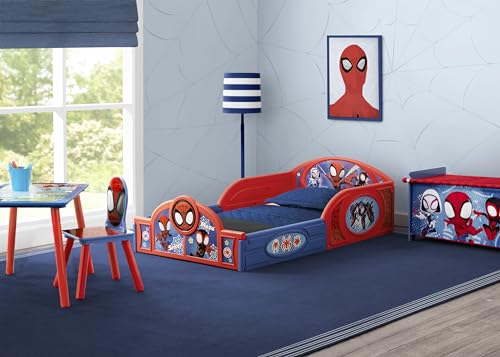 Delta Children - Marvel Spidey and His Amazing Friends 4-Piece Toddler Room-in-a-Box Set – Includes Sleep and Play Toddler Bed, Table, 1 Chair and Toy Box, Blue/Red