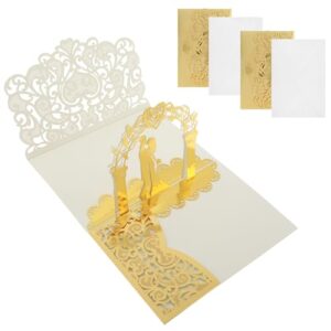 amabro 3d pop-up wedding card, 2pcs wedding envelope greeting card wedding congratulations gift card for bride and groom newlyweds couple valentine anniversary engagement christmas(gold)