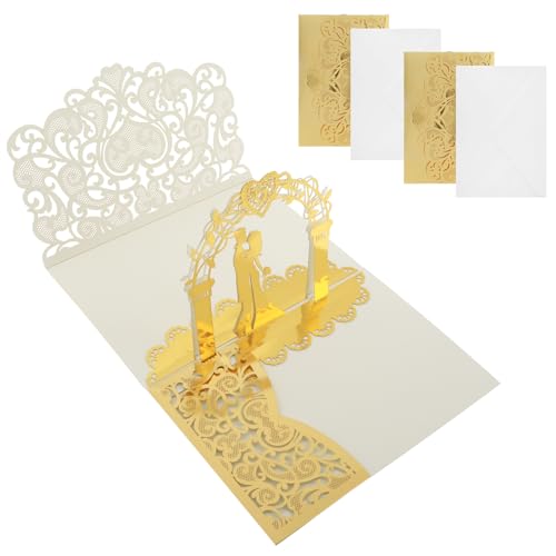 Amabro 3D Pop-Up Wedding Card, 2PCS Wedding Envelope Greeting Card Wedding Congratulations Gift Card for Bride and Groom Newlyweds Couple Valentine Anniversary Engagement Christmas(Gold)