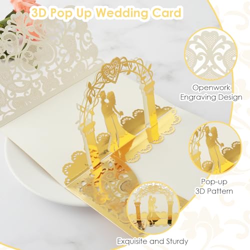 Amabro 3D Pop-Up Wedding Card, 2PCS Wedding Envelope Greeting Card Wedding Congratulations Gift Card for Bride and Groom Newlyweds Couple Valentine Anniversary Engagement Christmas(Gold)