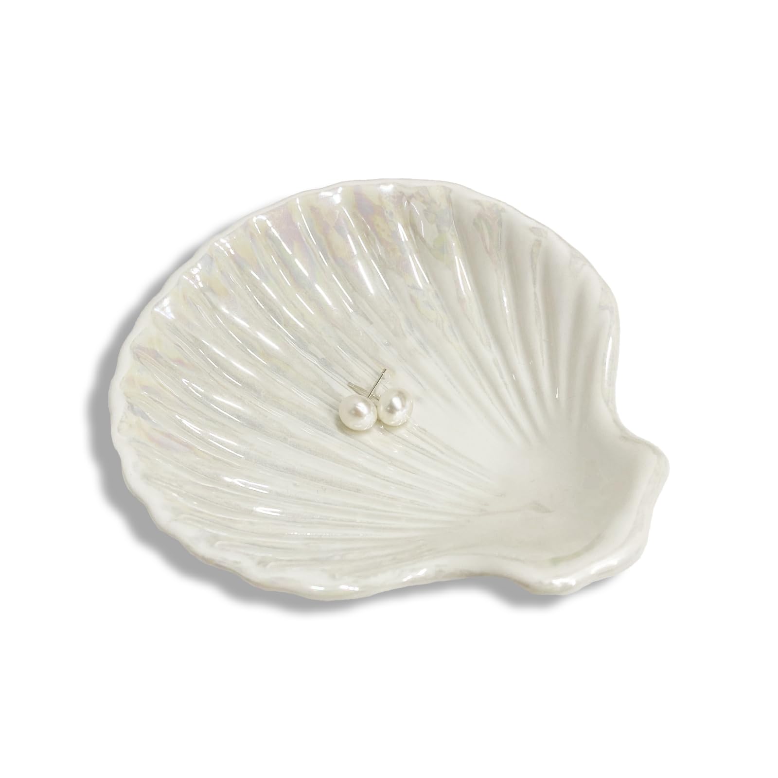 Ring Dish Shell Shape Ceramic Jewelry Dish Tray, Decorative Trinket Dish Organizing Rings Earrings Necklaces Keys for Mom Friend Sister, 3.9", White Iridescent Surface