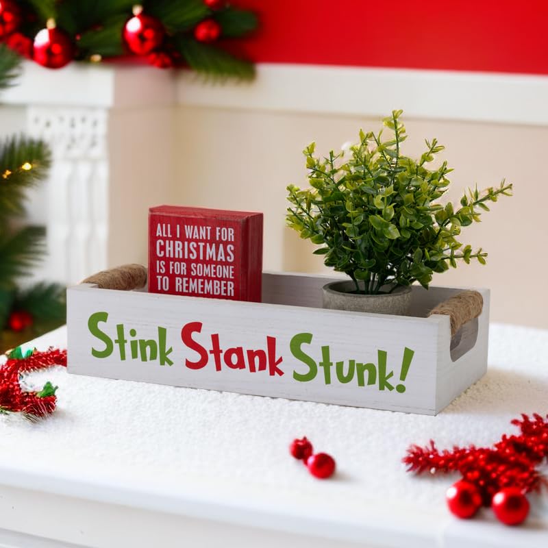 Veichin Double-Sided Christmas Funny Bathroom Decor with Double-Sided Sign, Stink Stank Stunk Box, Toilet Paper Storage Basket, White Wood Tank Tray Organizer with Handles for Christmas Decorative