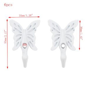 Mewutal 6PCS Butterfly Shaped Wall Hooks White Wall Mounted Coat Hangers Zinc Alloy Towel Hooks for Tie Bag Clothes Scarf, with Screws (Length: 55mm/2.17", Width: 1.38")