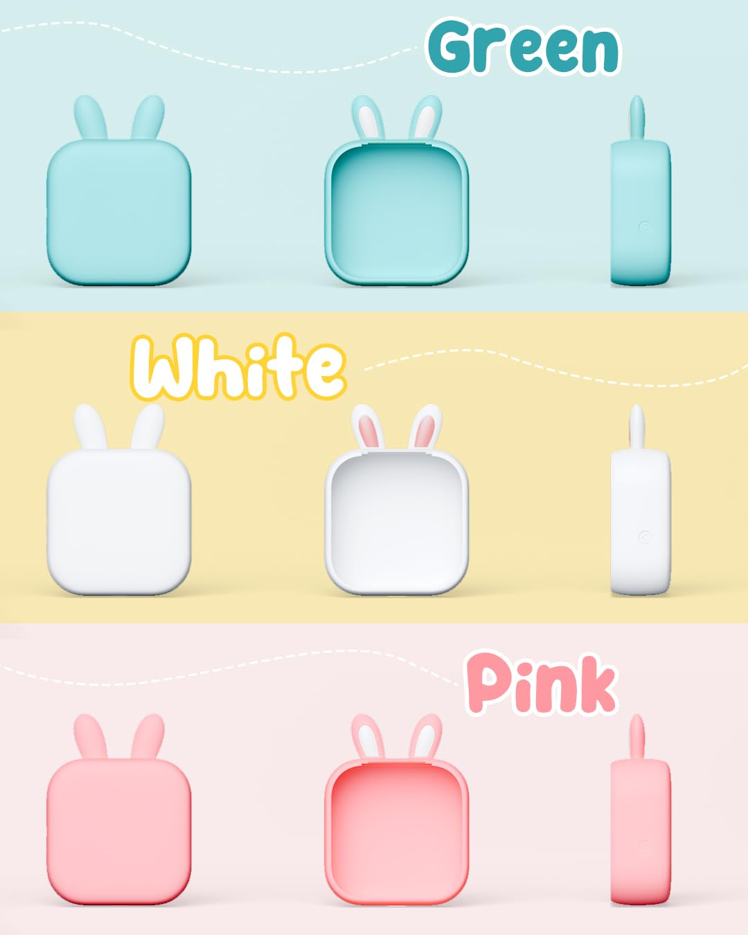 T02 Mini Sticker Printer Silicone Protective Case Bunny Ears Cover Case, Cute Design for T02 inkless Sticker Printer, Compatible with LabelCreate, Memoking, Memoqueen, Phomemo T02 Mini Printer, Green