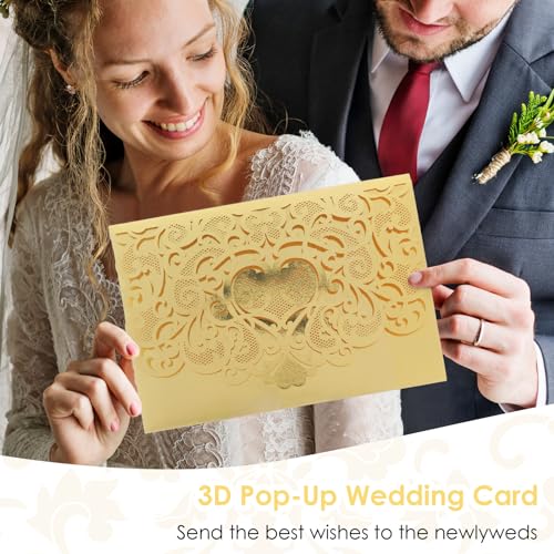 Amabro 3D Pop-Up Wedding Card, 2PCS Wedding Envelope Greeting Card Wedding Congratulations Gift Card for Bride and Groom Newlyweds Couple Valentine Anniversary Engagement Christmas(Gold)