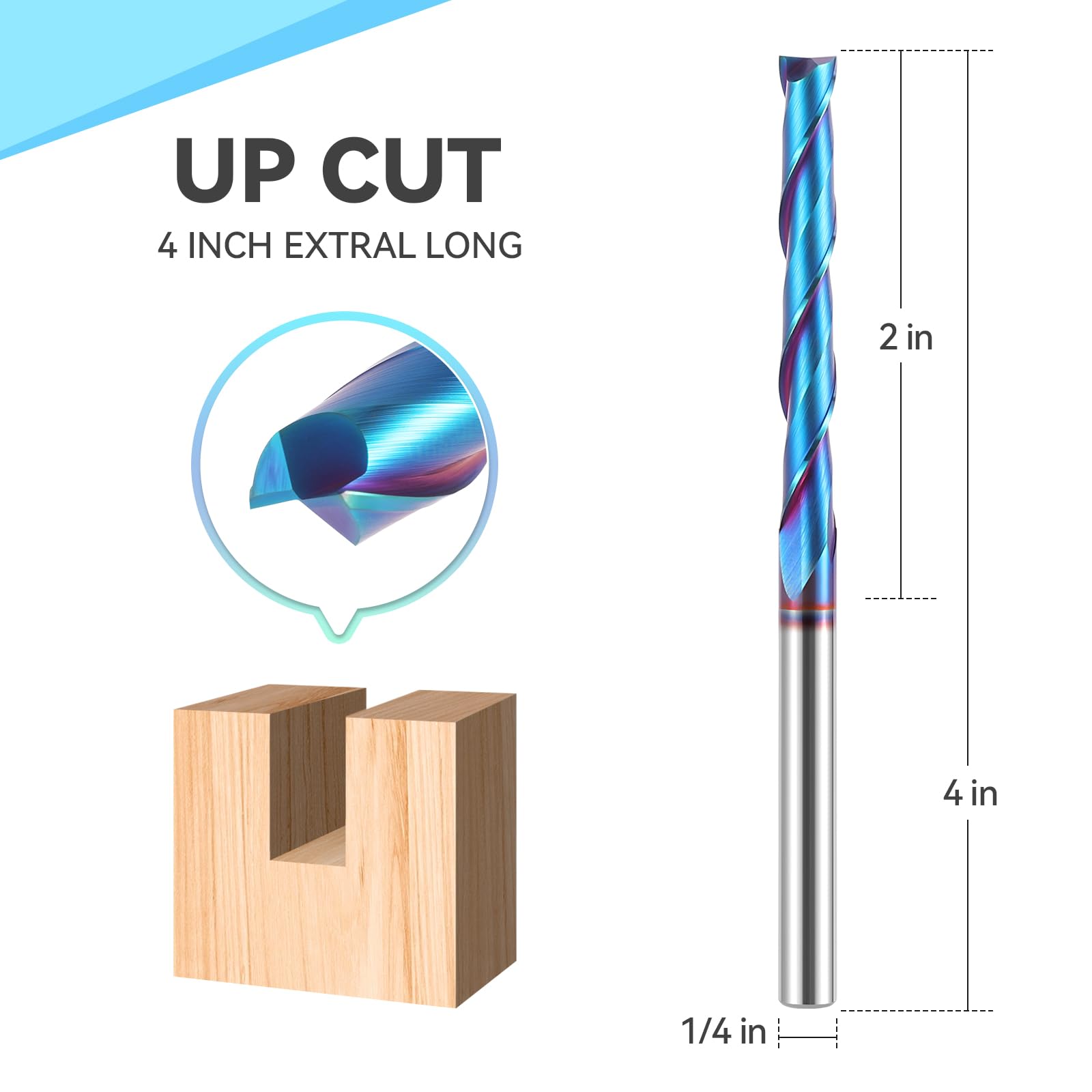 HQMaster Extra Long Spiral Router Bit 1/4 Inch Shank Solid Carbide CNC Router Bit with Nano Blue Coating End Mill for Wood Cut, Carving