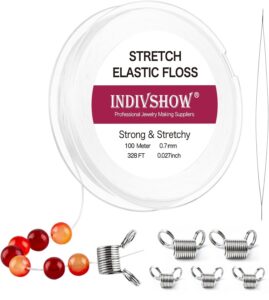 indivshow elastic bracelet string cord stretch bead cord with 6pcs bead stoppers and 1pc big eye beading needle for jewelry making and bracelet making white