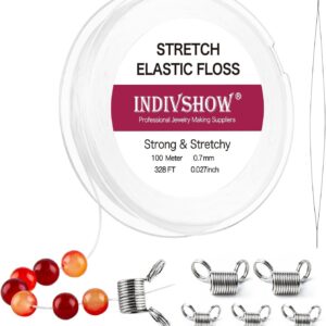 INDIVSHOW Elastic Bracelet String Cord Stretch Bead Cord with 6pcs Bead Stoppers and 1pc Big Eye Beading Needle for Jewelry Making and Bracelet Making White