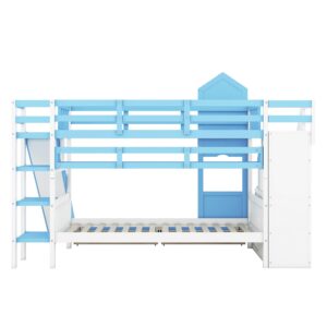 Kids Bunk Bed with Stairs and Slide, Wood Twin Over Twin Bunk Bed with Storage Drawers and Shelves, Castle Style Bunk Beds for Kids Teens Girls Boys, Blue