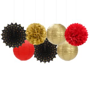 Red-Black Gold Casino Theme Party-Decorations - 20pcs Game Night Paper Lanterns Fans,Tissue Pom Poms,Honeycomb Balls,Bunting,Birthday Graduation Wedding Bridal Baby Shower Decor Burgleda