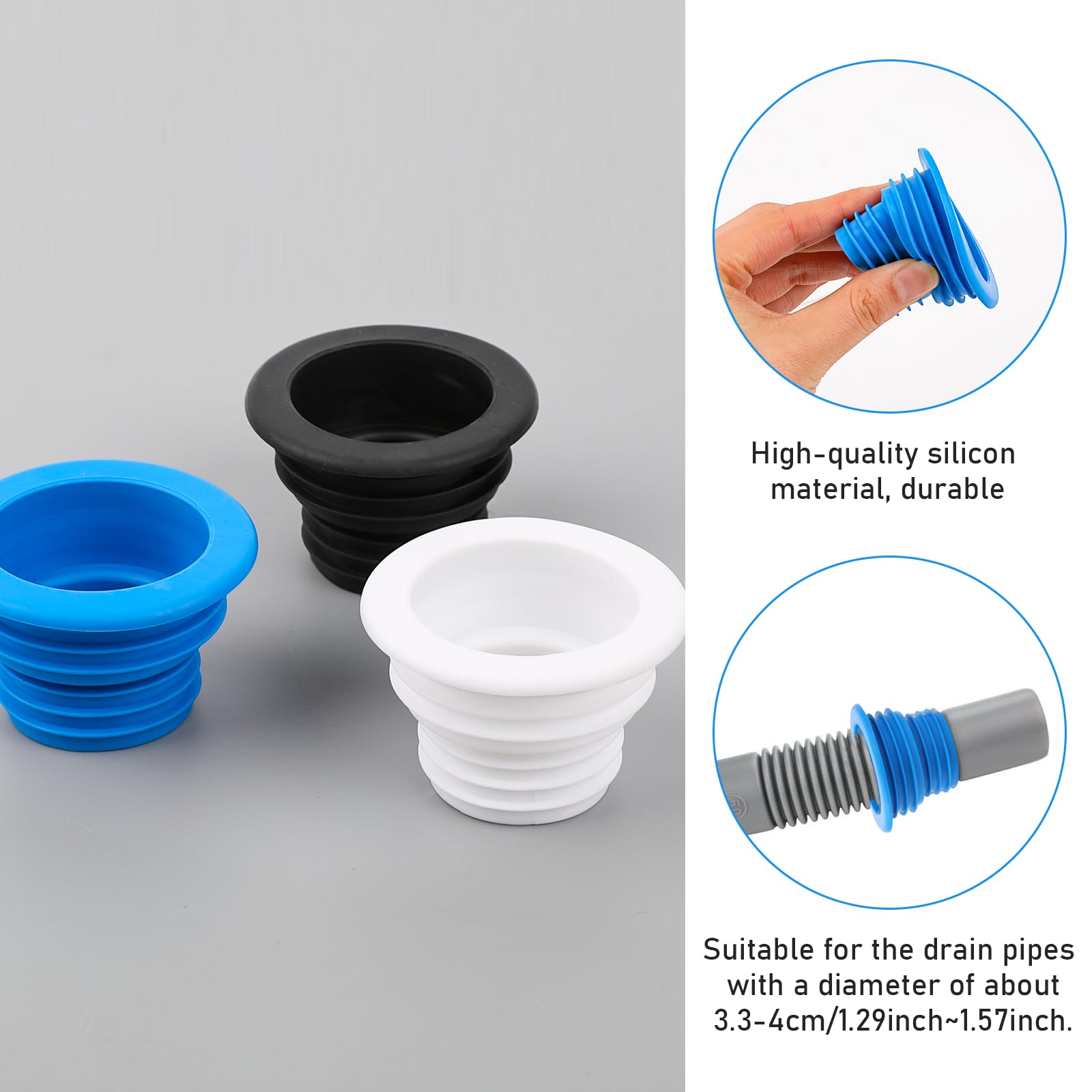 3Pcs Fit Drain Pipe Hose Silicone Plug, Washing Machine Drain Hose Holder, Washing Machine Drain for Bathroom Kitchen, Silicone Plug Sewer Seal Ring(Black Blue White)