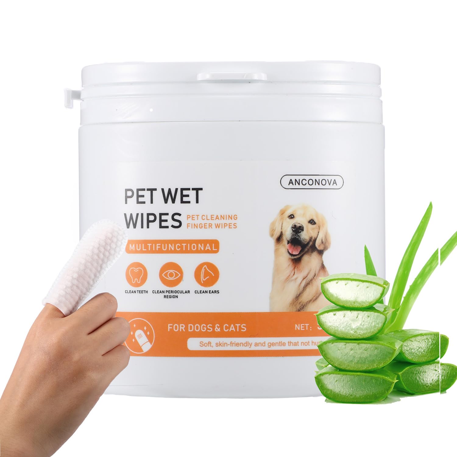 ANCONOVA Pet Teeth Disposable Gentle Cleaning Wipes Multifunctional, Finger Toothbrush for Dogs & Cats Bad Breath Eliminator Removing Plaque & Tartar Buildup No-Rinse Gum Care Pet Wipes 55