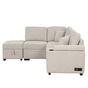 JURMALYN 87.4" Modular Sectional Sofa for Living Room, Convertible L- Shaped Sofa Couch Bed, 2 in 1 Pull Out Sleeper Sofa with USB Charge Ports Fabic Sofa with Storage - Beige