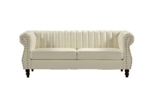 container furniture direct chesterfield-inspired 77" faux leather sofa with elegant design, gourd legs, and sustainable pleather upholstery, 3 seater couch for living rooms and offices, cream white