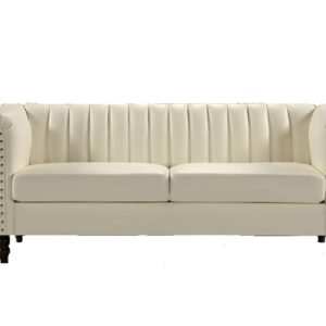 Container Furniture Direct Chesterfield-Inspired 77" Faux Leather Sofa with Elegant Design, Gourd Legs, and Sustainable Pleather Upholstery, 3 Seater Couch for Living Rooms and Offices, Cream White