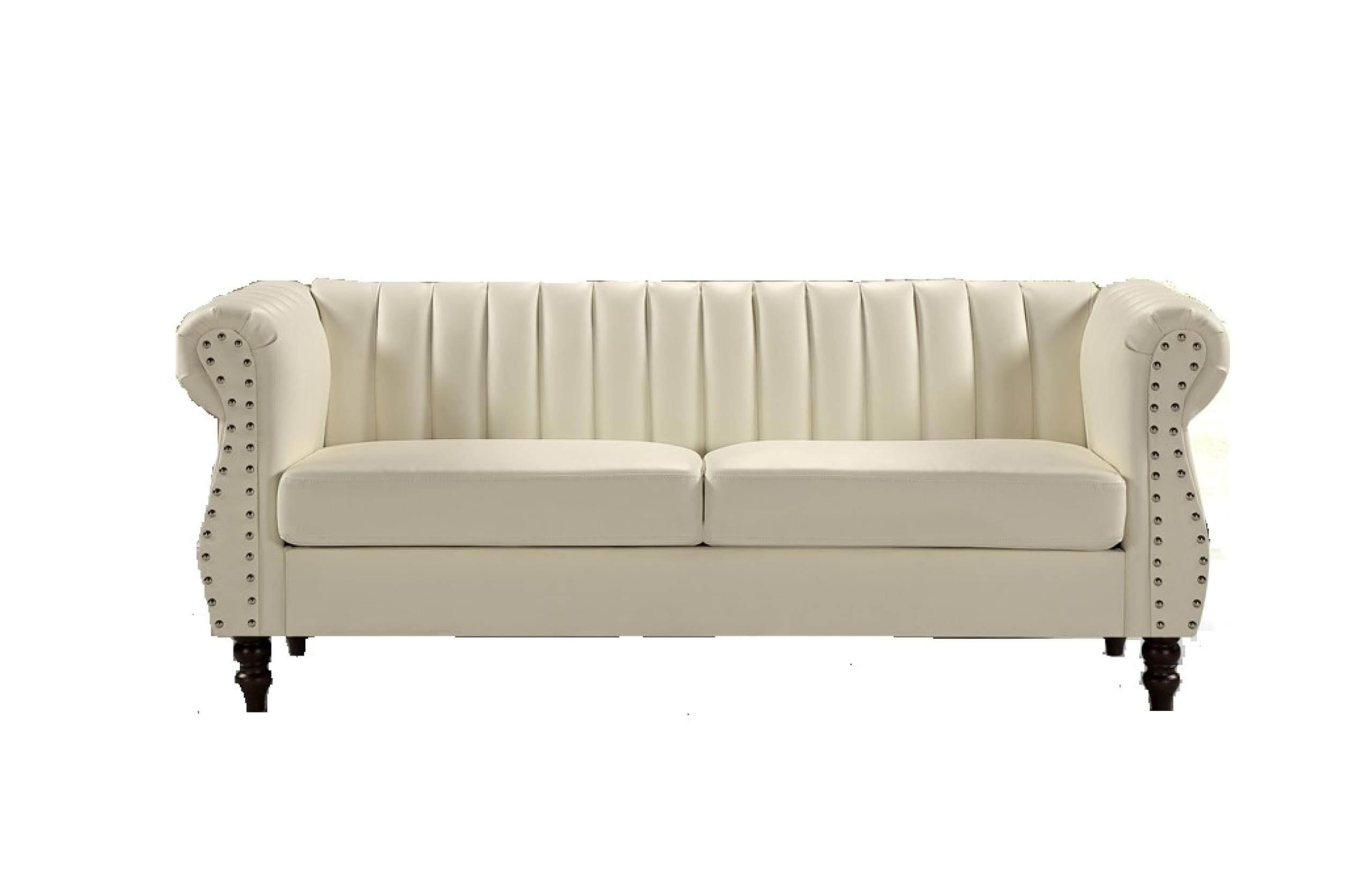 Container Furniture Direct Chesterfield-Inspired 77" Faux Leather Sofa with Elegant Design, Gourd Legs, and Sustainable Pleather Upholstery, 3 Seater Couch for Living Rooms and Offices, Cream White