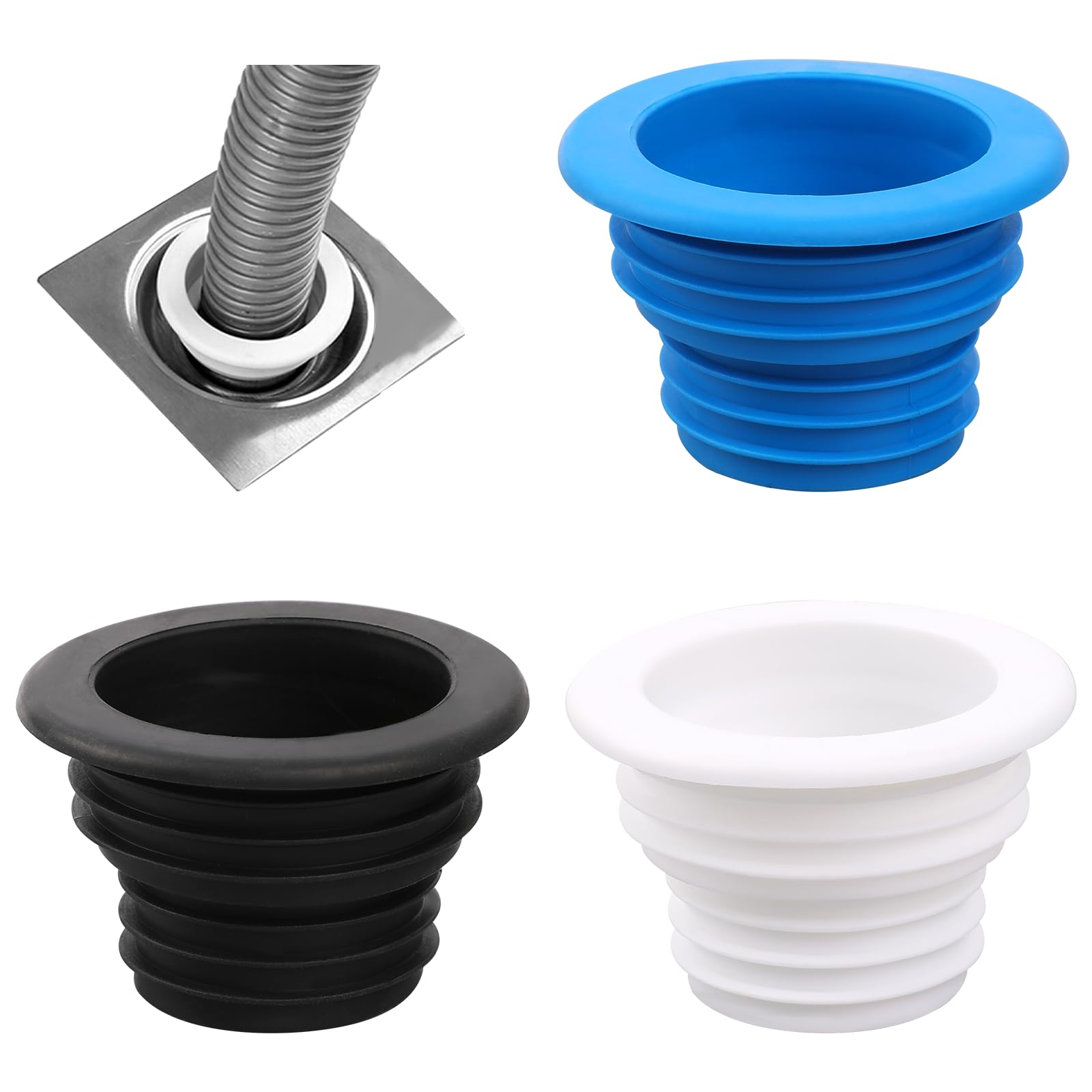 3Pcs Fit Drain Pipe Hose Silicone Plug, Washing Machine Drain Hose Holder, Washing Machine Drain for Bathroom Kitchen, Silicone Plug Sewer Seal Ring(Black Blue White)