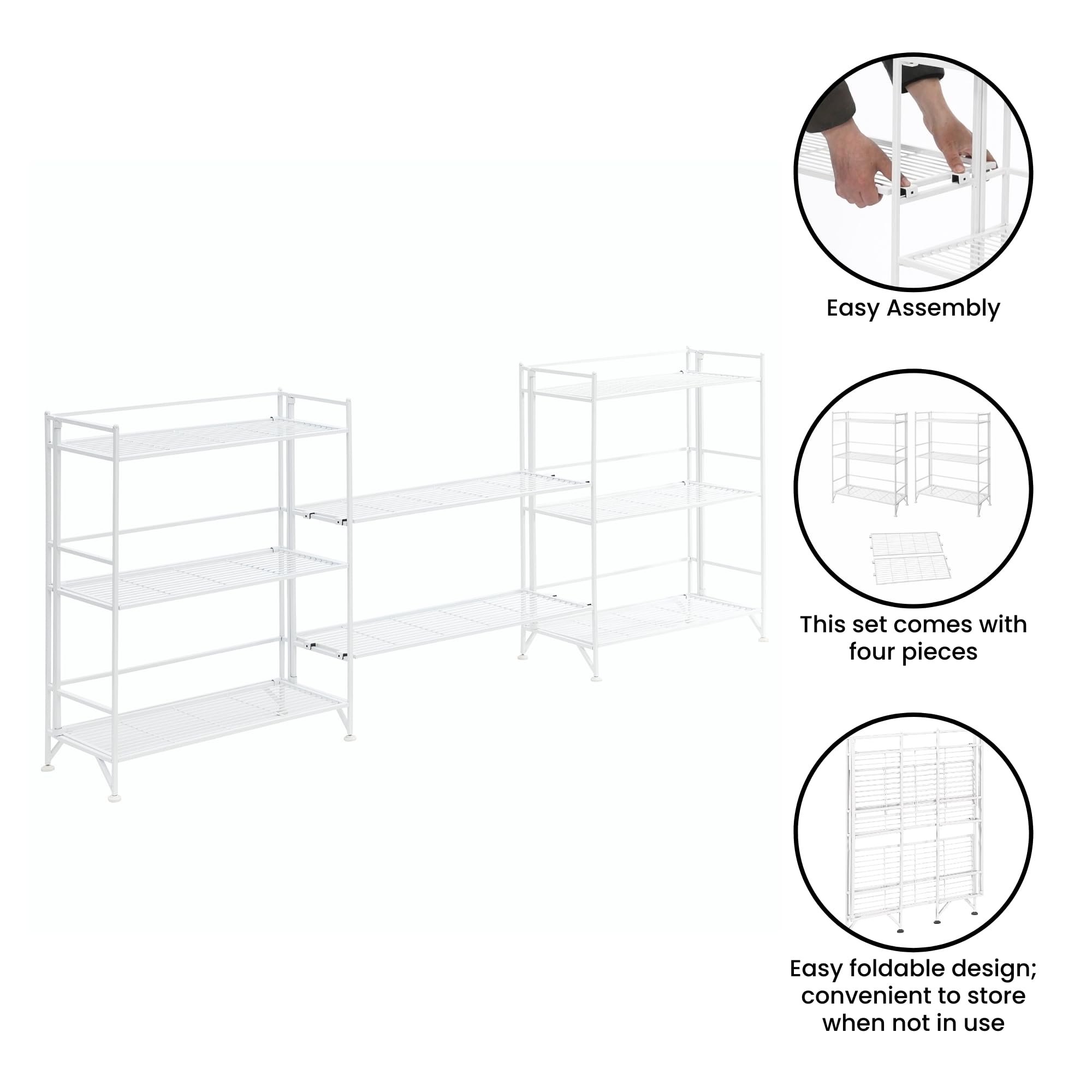 Convenience Concepts Xtra Storage 3 Tier Wide Folding Metal Shelves with Set of 2 Deluxe Extension Shelves - Organizer for Living Room, Office, Bedroom, Garage, Kitchen, Bathroom, White