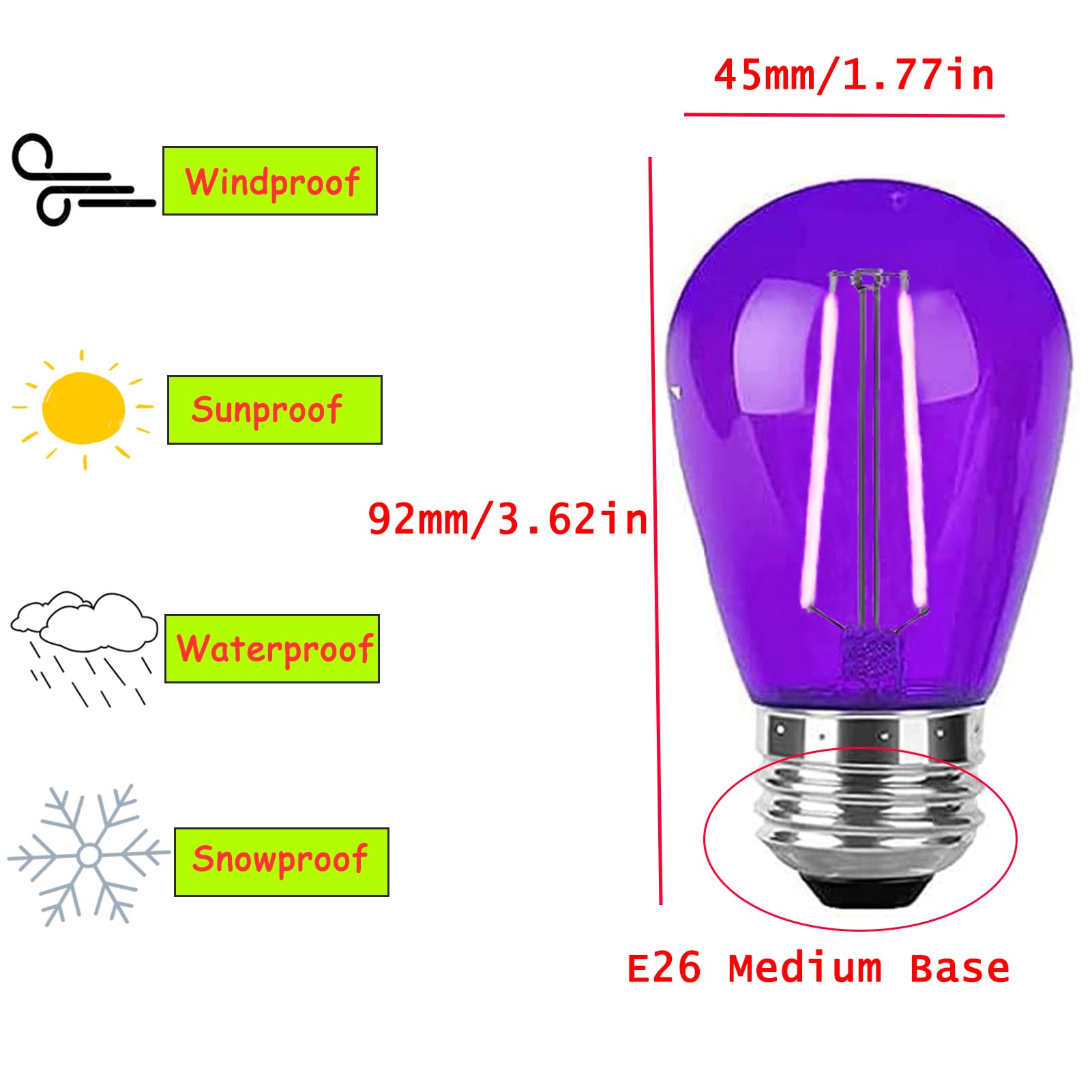 15 Pack Purple LED Bulb S14 Replacement LED Light Bulbs 2W Plastic Shatterproof LED Night Bulb E26 Base Purple String Lights Waterproof Vintage Bulb for Halloween Christmas Wedding Party Patio, Purple