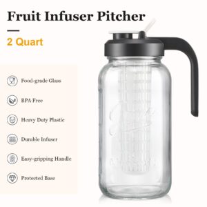 Mason Jar Fruit Infuser Water Pitcher, Glass Pitcher with Filter Lid, Wide Mouth Jar Leak-proof Water Pitcher, Heavy Duty Glass Jar - 2 Quart