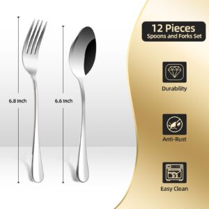 12 Pieces Spoons and Forks Set,Food Grade Stainless Steel Flatware Cutlery Set,6 Forks(6.8 inch) and 6 Spoons(6.6inch) Silverware Set for Home,Kitchen,Restaurant-Mirror Polished & Dishwasher Safe