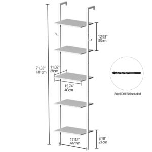 Tohomeor Industrial Bookshelf Wall Mounted 5-Tiers Ladder Shelf Wooden and Metal Narrow Thin Bookshelf Open Display Storage Rack for Living Room Bedroom Home Office (White, Narrow)