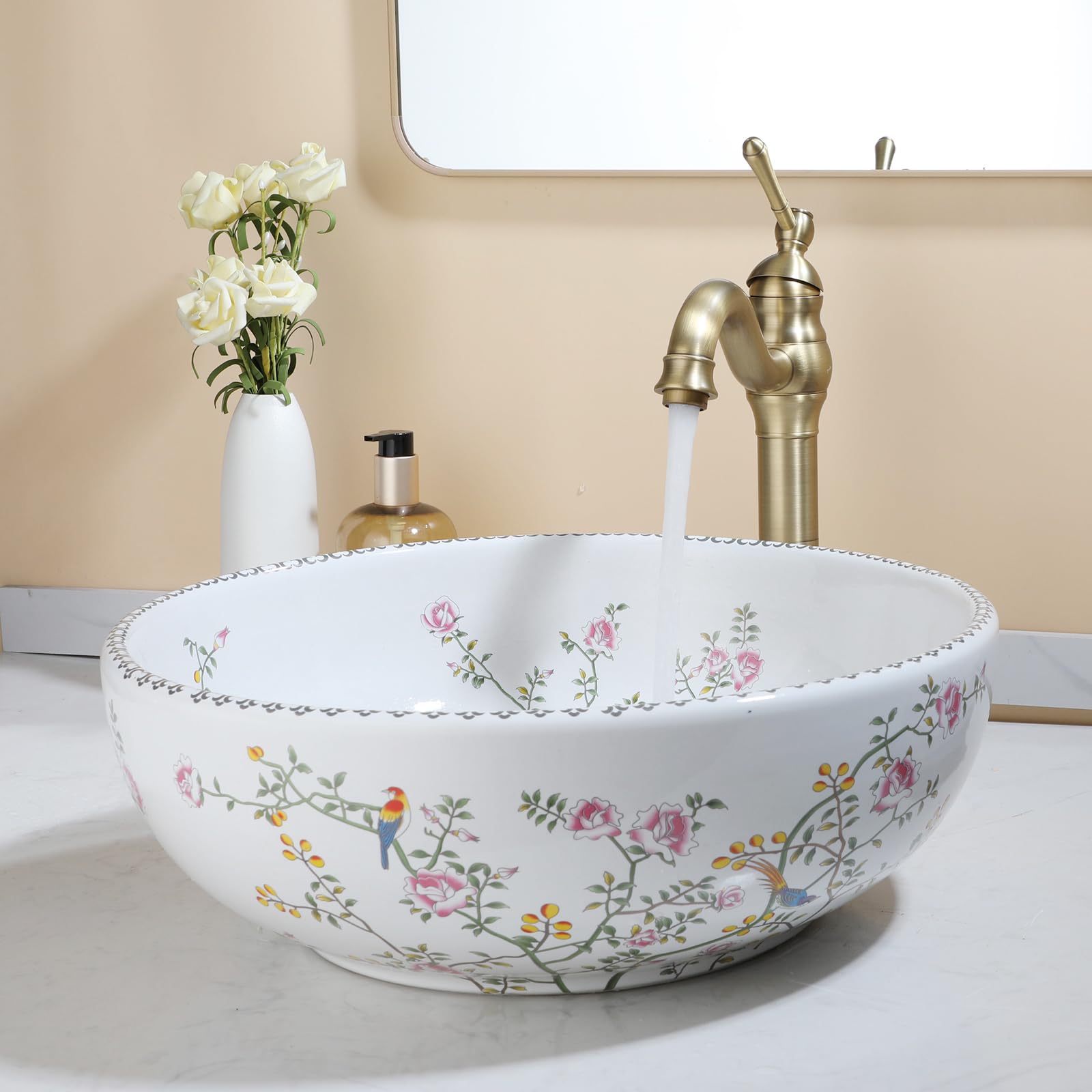 Sinku Mccut Ceramic Bathroom Vessel Sink with Faucet and Drain Combo Artistic Hand Painted Round Bathroom Sink Bowl Above Counter Batnroom Sinks