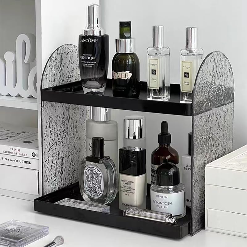 Stylitzy Bathroom Counter Organizer Vanity Countertop Shelf 2 Tiers Acrylic Makeup Storage Organizer, Perfume Tray for Bedroom Cosmetic Skincare Storage Rack, Clear Black