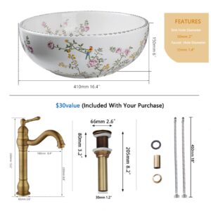 Sinku Mccut Ceramic Bathroom Vessel Sink with Faucet and Drain Combo Artistic Hand Painted Round Bathroom Sink Bowl Above Counter Batnroom Sinks