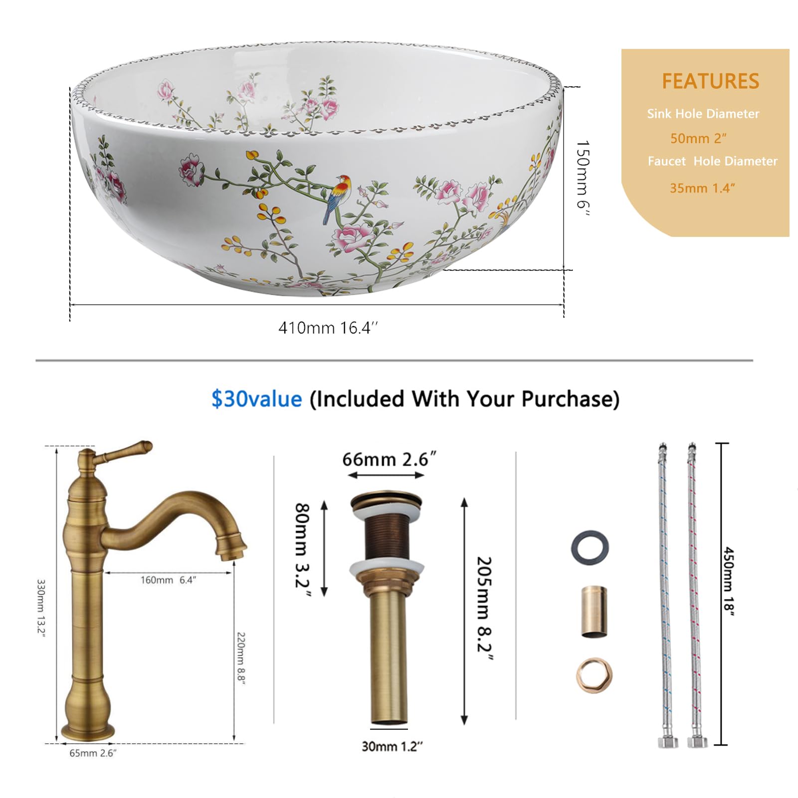 Sinku Mccut Ceramic Bathroom Vessel Sink with Faucet and Drain Combo Artistic Hand Painted Round Bathroom Sink Bowl Above Counter Batnroom Sinks